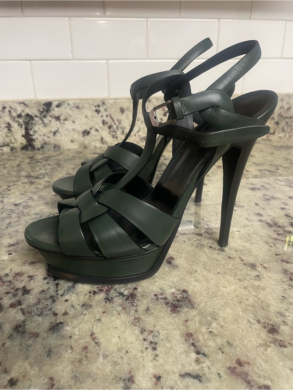 Saint Laurent Tribute Platform Sandals Heels Dark Green size 41 Smooth leather - Picture 2 of 15